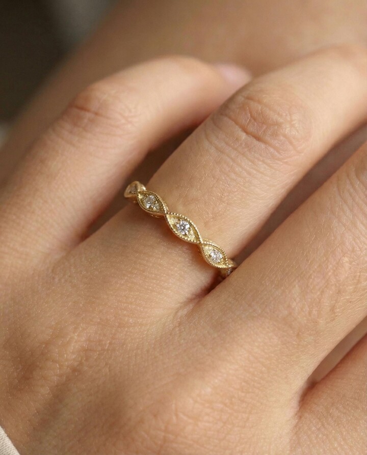 Etsy Art Deco Wedding Band, Solid Gold Diamond Stacking Marquise Ring, Milgrain Platinum 950 Band