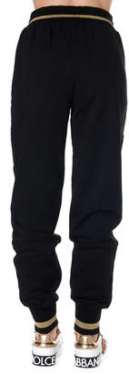 Dolce & Gabbana Black Cotton Sport Trousers With Floral Embroidery