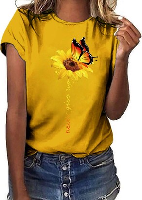 LUCKME Women Loose Fit T Shirt Sunflower Print Tops Crew Neck Shirts Graphic Tees Shirt Short Sleeve Cotton Beach Tunic Plus Size Mother's Gift Ladies Summer