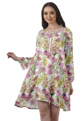 Moomaya Rayon Flared Dress for Womens Long Sleeve Printed V-Neck Casual Beach Dress for Girls