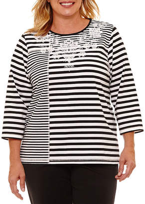 Alfred Dunner Easy Going 3/4 Sleeve Spliced Stripe T-Shirt-Womens Plus