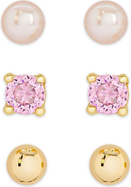 Lily Nily Girls Freshwater Pearl & Pink Cz 3 Pairs Studs Set in 18k Gold over Sterling Silver