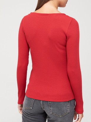 Very Long Sleeve Rib Button Front Top - Red