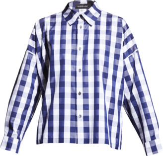 eskandar Wide A-Line Gingham Shirt With Collar (Mid Length)