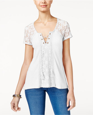 American Rag Crochet-Trim Waffle-Knit Top, Only at Macy's