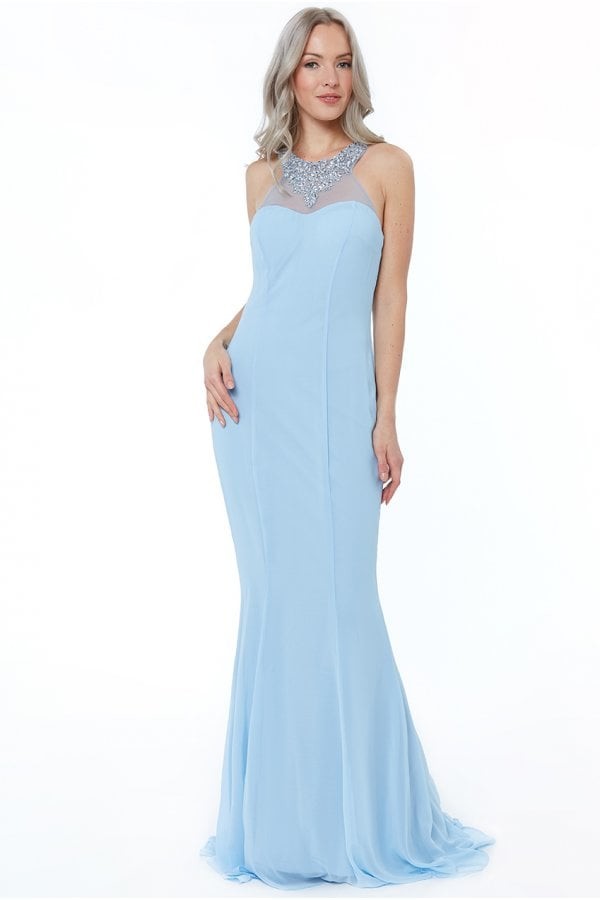 powder blue chiffon embellished high neck keyhole dress