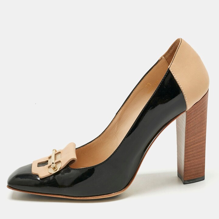 Tod's Black/beige Patent Leather And Leather Block Heel Square Toe Pumps