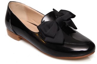 BalaMasa Ladies Spun Gold Bowknot Round Toe Low Heels Patent Leather Pumps-Shoes