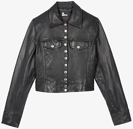 The Kooples Womens Black Branded-Hardware Cropped Leather Jacket S