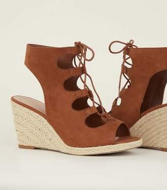 New Look Tan Suedette Ghillie Lace Up Espadrille Wedges
