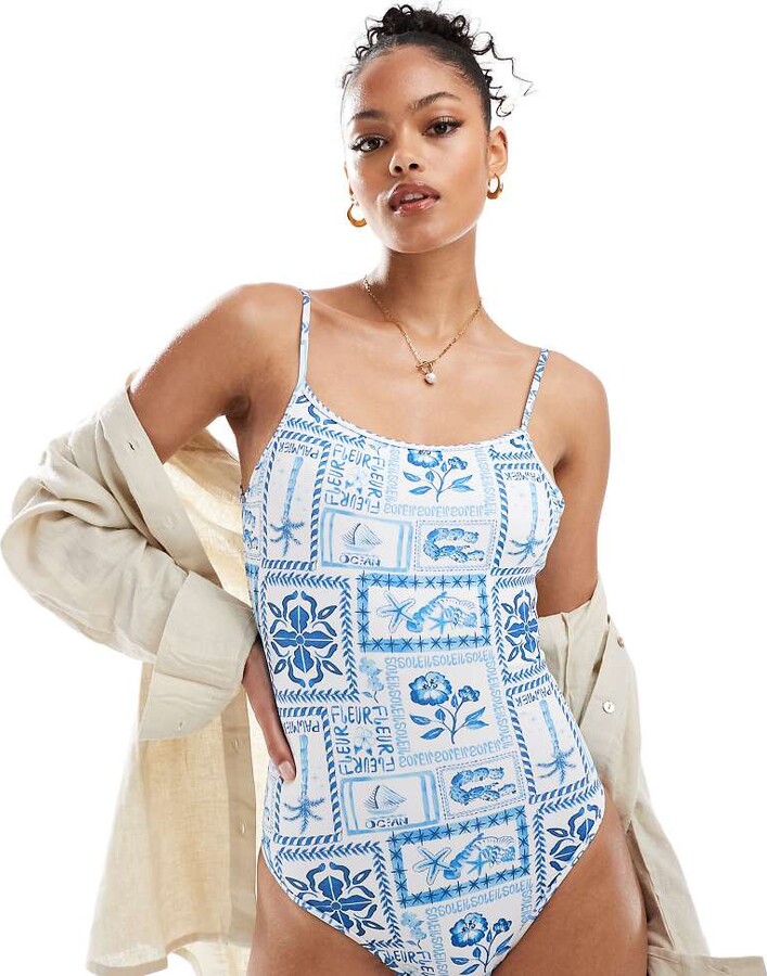 ASOS DESIGN Tall Soleil square neck skinny strap swimsuit in blue