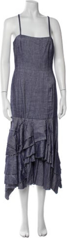 Milly Linen Dress Blue Ruffle & Raw-Edge Accents Sleeveless with Square Neckline Concealed Zip Closure at Back Designer