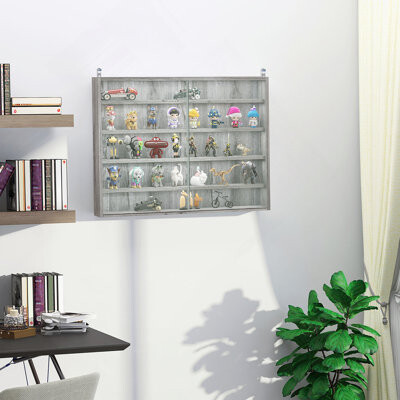 Ebern Designs 5-Tier Display Cabinet Glass Display Case With 2 Doors And Adjustable Shelves Wall-Mounted Grey