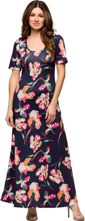 24seven Comfort Apparel Women's Navy Floral Print Elbow Sleeve Casual A Line Maxi Dress