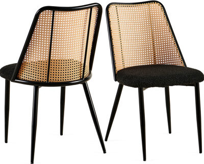 Red Barrel Studio Boucle Upholstered Black Dining Chairs Of 2 With Natural Cane Back For Room And Kitchen - Hand Crafted Open Weave, Metal Legs, Comfortable Foam Cushio