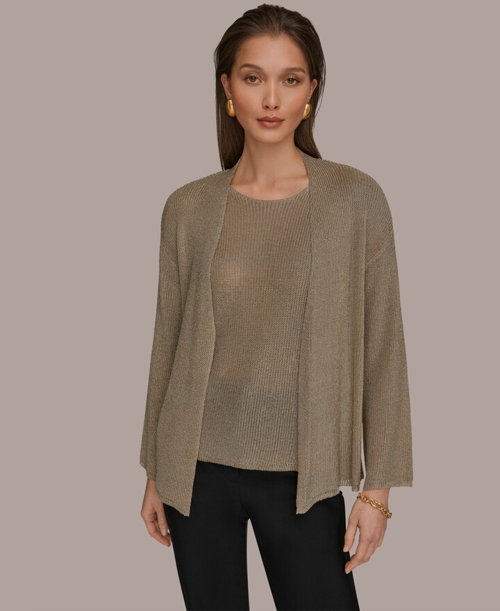 Donna Karan Women's Metallic V-Neck Long-Sleeve Cardigan - Tan/Beige