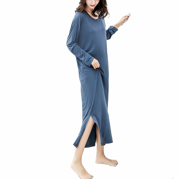 TieNew Women's Long Sleeve Jersey Nightdress Pocket Side Slit Ladies