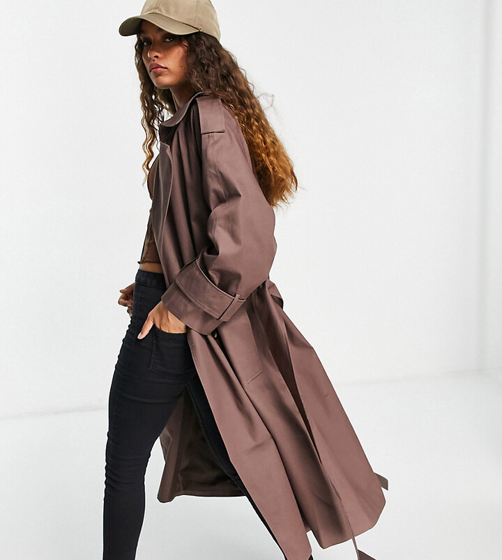 ASOS DESIGN Petite oversized trench coat in dark brown - ShopStyle