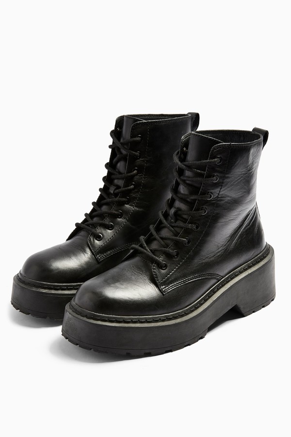 black leather chunky boots