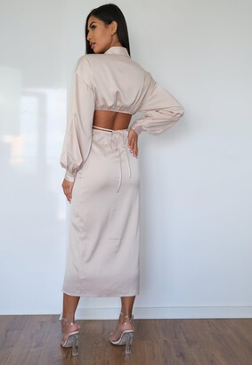 Missguided Cream Satin Cut Out Tie Back Midaxi Shirt Dress
