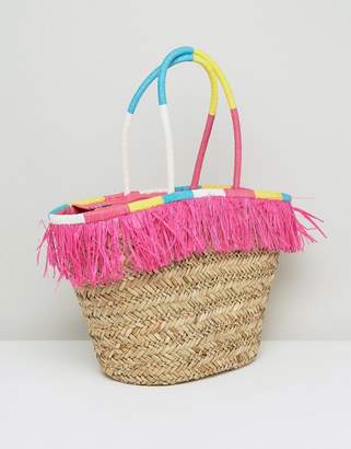 South Beach Fringe Straw Bag With Wrapped Handles
