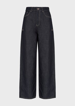 Emporio Armani J31 Cropped, wide-legged, high waist, rinsed comfort-denim  jeans with zigzag embroidery - ShopStyle