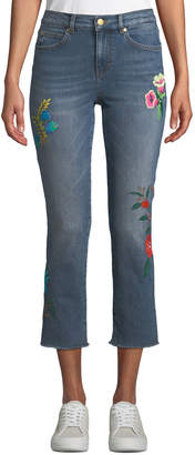 Escada Sport Floral-Embroidered Cropped Straight-Leg Jeans