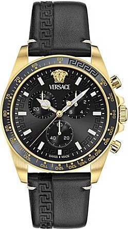 Men's Greca Chrono Wave Black Leather Strap Watch