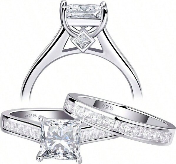 AI'MAGE PrincessCutSterlingSilverWeddingRingSetSize7SilverStandard