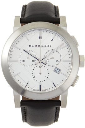 Burberry Check-Dial Leather-Strap Watch, Silver//Black