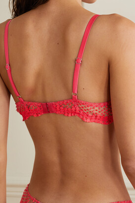 Fleur Du Mal Dotty Satin-trimmed Embroidered Stretch-tulle Underwired Soft-cup Bra - Bright pink