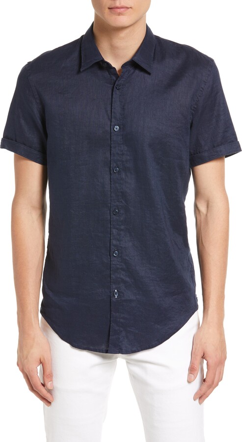 Elonglin Mens Métal Button Shirt 100% Cotton Casual Shirt Short Sleeves Slim Fit