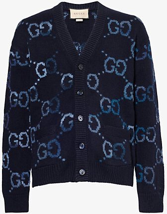 Gucci Mens Navy Mc Monogram-Print V-Neck Relaxed-Fit Wool-Blend Cardigan L