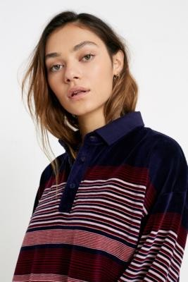 Urban Outfitters Velour Stripe Long-Sleeve Rugby Top - Blue S at