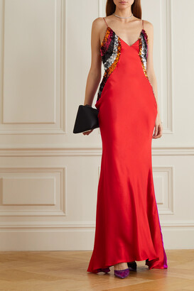 Halpern Paneled Silk-satin And Sequined Tulle Maxi Dress - Red