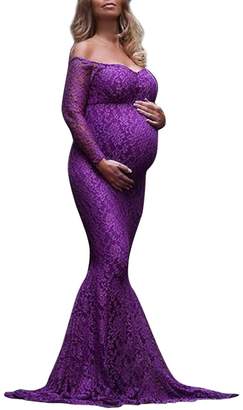 IBTOM CASTLE Pregnant Women Mermaid Long Maxi Off Shoulder Gown Photography Photo Shoot Maternity V Neck Lace Dress Long Sleeve Baby Shower L