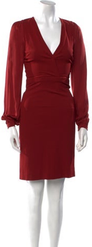 Gucci Silk Sheath Dress By Frida Giannini Burgundy Long Sleeve with V-Neck Concealed Zip Closure at Back Designer