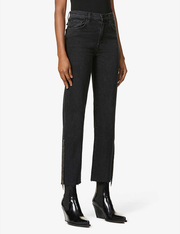J Brand Jules chain-embellished straight-leg high-rise stretch-denim jeans  - ShopStyle