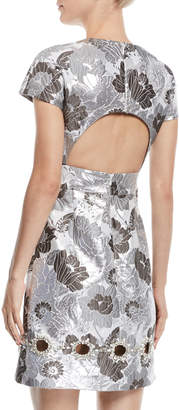 Michael Kors Collection Short-Sleeve Summer Floral Metallic Brocade Dress