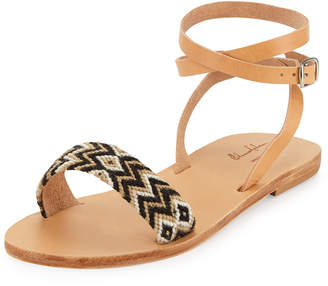 Neiman Marcus Elina Lebessi Aliki Woven Ankle-Wrap Flat Sandals, Black/Taupe