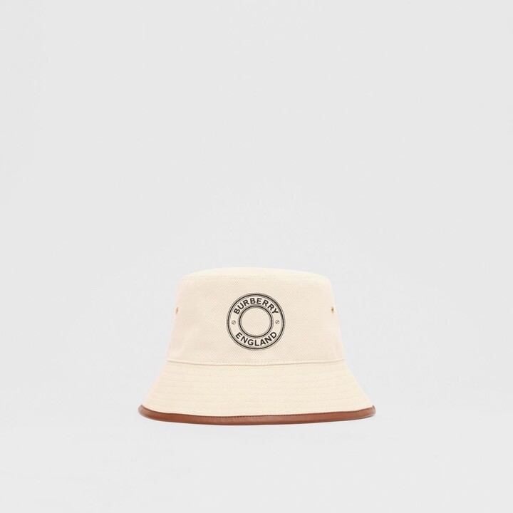 Burberry Leather Trim Logo Graphic Cotton Bucket Hat Size: S - ShopStyle