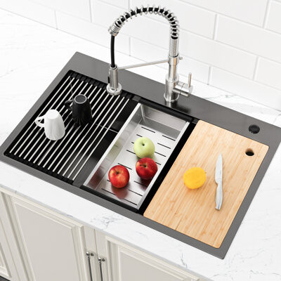 EchoElegance Stainless Steel Kitchen Sink 33X22 Black Overmount With Cutting Board Offers Smooth Operation In Single Bowl Sink Black Provides A Seamless Experie