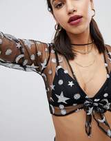 Thumbnail for your product : Motel Tie Front Crop Top In Metallic Star And Moon Mesh