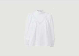 Organic cotton denim shirt with ruffled victorian collar and long