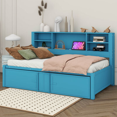 Latitude Run Metal Twin Size Daybed With Twin-Size Trundle, Storage Shelves And USB Ports, Bookcase Metal-Slats Support, For Kid Teen