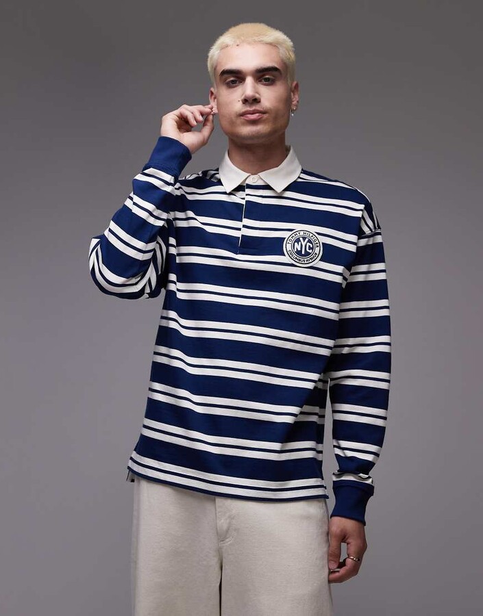 Tommy Hilfiger authentic striped chest logo rugby top in navy and white