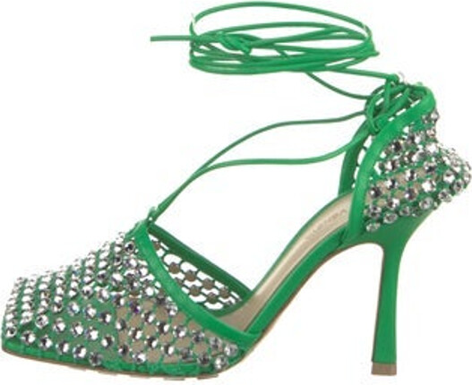 Bottega Veneta Crystal T-Strap Pumps Green Square-Toes Wrap-Around Straps & Lace-Up Closure at Ankles Includes Box & Dust Bag