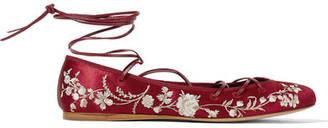 Etro Lace-up Embroidered Satin Ballet Flats - Claret