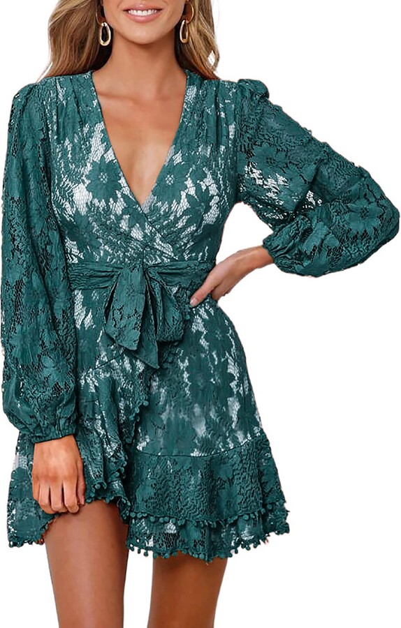 Itsmode Women's Lace Wrap Mini Dress Deep V Neck Ruffle 2022