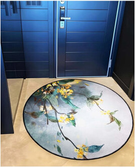 Gray Themed Flower Patterned Round Woven Base Modern Decorative Carpet